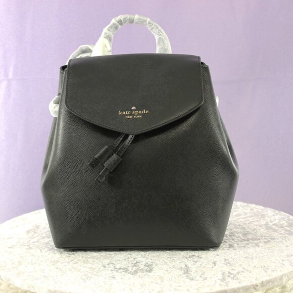 Kate Spade Medium Flap Backpack Black Saffiano Leather NWOT - Picture 1 of 12